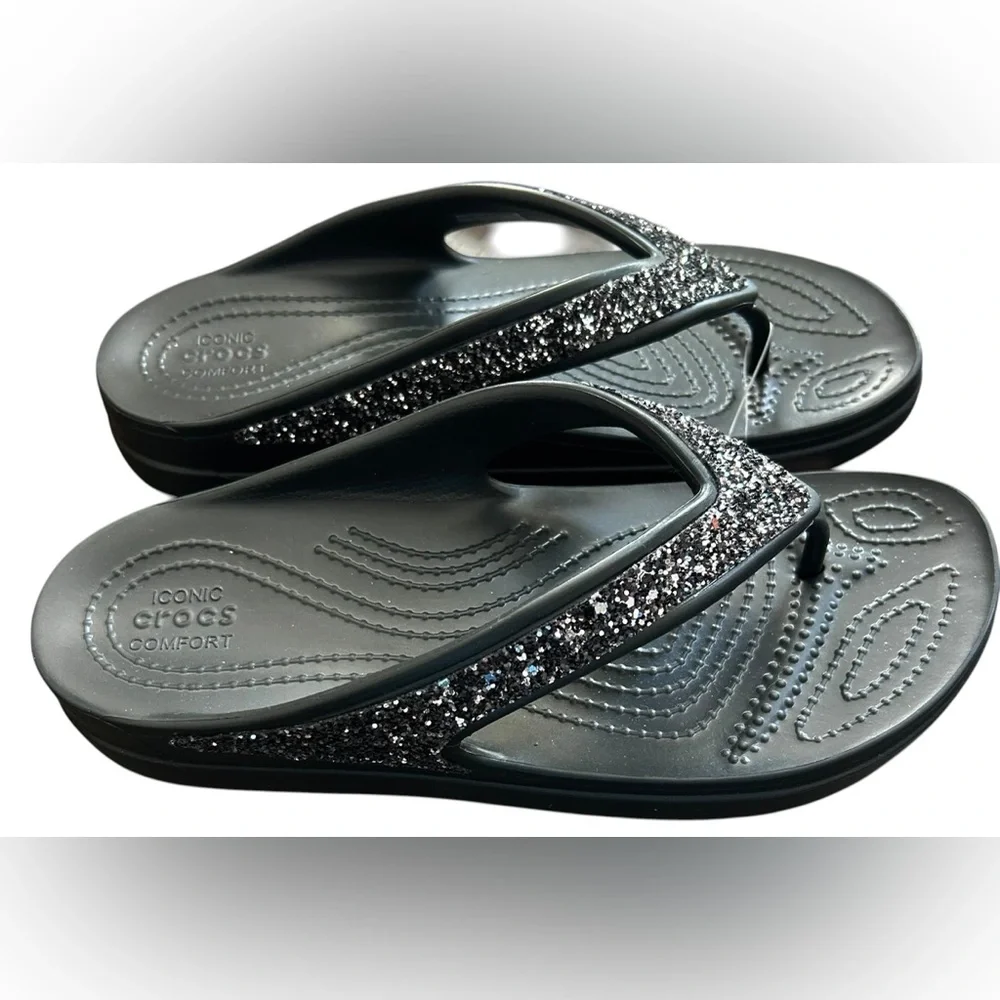 NWT CROCS Black Sloane Glitter Flip Flops SZ 9 - Picture 1 of 2